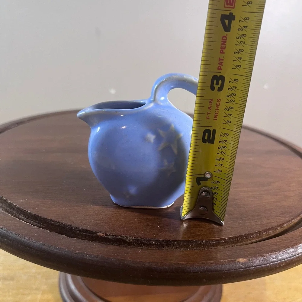 Vtg Shawnee Pottery Blue Ceramic Mini Pitcher Embossed Stars Celestial 2.75